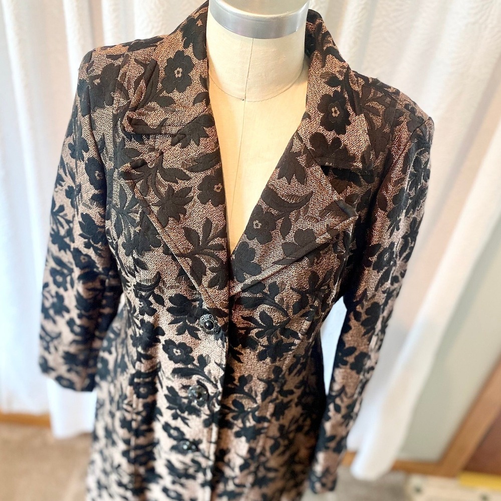 Vintage Brocade Trench Coat, Black Copper Metallic Floral, Size 12 - Picture 8 of 11